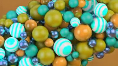 Sarı arka planda izole edilmiş, pürüzsüz döngüde dönen birçok farklı renkli topun soyut figürü. Animasyon. Çelişkili bir araya toplanmış dönen küreler.