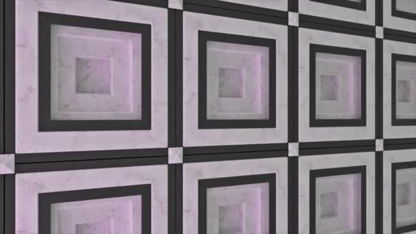 Mermerden oyulmuş siyah beyaz kareleri olan soyut bir duvar. Animasyon. Simetrik duvar boyunca ilerlemek, mimari konsepti. — Stok video