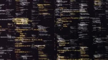 Birçok program kodlu bilgisayar arkaplanı. Animasyon. Uçan ve program kodlarını değiştiren sanal uzayın animasyonu. Bilgisayar sisteminin dahili program kodları