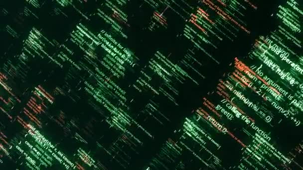 Hintergrund vieler fliegender Matrix-Codes. Animation. Grüne Programmcodes fliegen und verändern sich im Matrixraum. Programmcodes auf schwarzem Hintergrund — Stockvideo