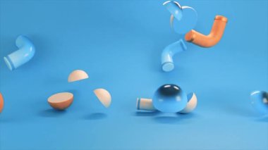 Mavi arka planda yıkılan çocukların binalarını kapatın. Animasyon. Birçok 3D figürü gelişigüzel düşüyor, çocukluk kavramı..