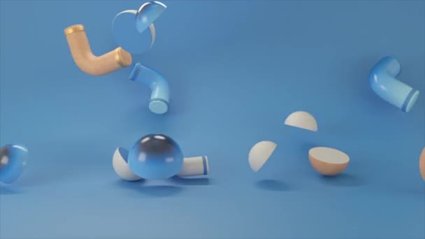 Abstract colorful objects falling down isolated on blue background. Animation. 3D bagel shaped details and half spheres falling randomly. — Stock Video