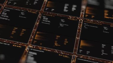 İş analizleri için bilgisayar programı işlenmiş HUD fütüristik dijital ekran. Animasyon. İstatistik verisi ile soyut izleme.