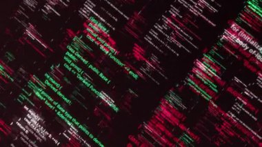 Bilgisayar ekranı terminalinde çalışan programlama kodu, hackleme konsepti. Animasyon. Siyah arkaplan ve dikişsiz döngü üzerine dijital yazılı verilerin çapraz sütunları.