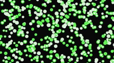 Siyah arkaplanda yeşil ve beyaz kalp yüzen ağ simgeleri var. Animasyon. Daire şeklinde kaotik küçük kalpler.