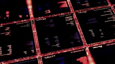 Gizli iş bilgilerini hacklemek için bir program içeren siber güvenlik geçmişi. Animasyon. Veri içeren soyut karelerin satırları.