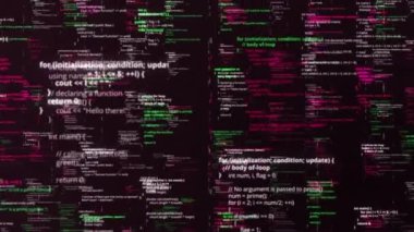 Bilgisayar ekranında programlama kodunun detayları. Animasyon. Siyah arkaplan üzerine dijital bilgi blokları, pürüzsüz döngü.