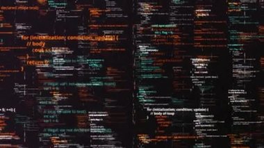 Bilgisayar kodu LCD monitöründe. Animasyon. Sonsuz sayıda programlama kod satırı, yapay zeka ve bilgisayar dili kavramı.