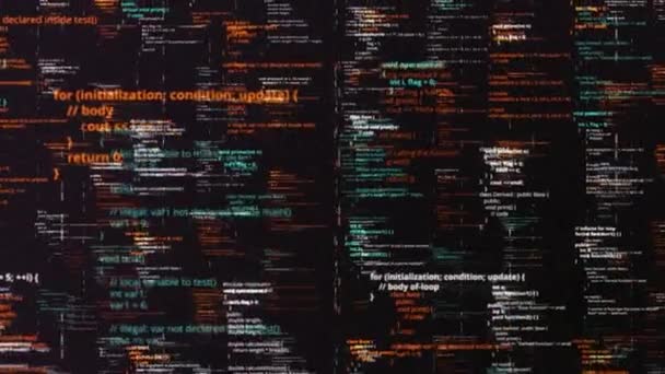 Código de computador no monitor LCD. Animação. Quantidade infinita de linhas de código de programação, inteligência artificial e conceito de linguagem de computador. — Vídeo de Stock
