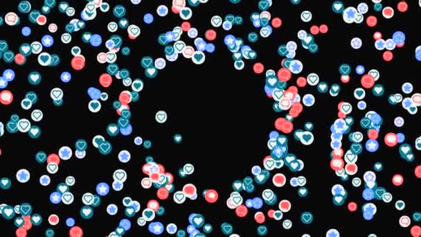 Stream of icons with hearts and messages. Animation. Beautiful stream of colorful social media icons on black background. Colorful stream of icons with hearts and place to insert — Stock Video