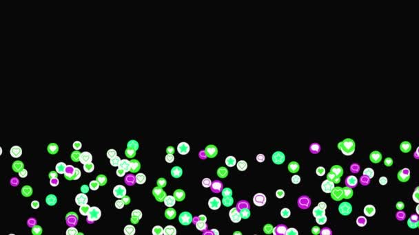 Abstract flying communication or social net signs on black background, seamless loop. Animation. Green, white, and purple logo of famous symbols, message, favorite, like. — Stock Video