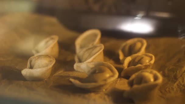 Gros plan des boulettes au four. L'art. De délicieuses boulettes sont cuites au four. Manière inhabituelle de cuire les boulettes sur une plaque de cuisson au four — Video