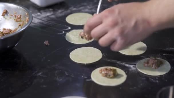 Close-up van de kok die knoedels met gehakt bereidt. Kunst. Het koken van traditionele knoedels door professionele chef-kok in restaurant. Gehakt vlees in deeg doen voor knoedels — Stockvideo