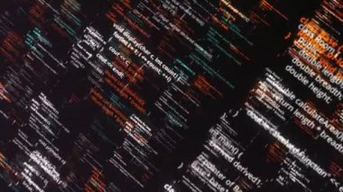 Bilgisayar kodu LCD monitöründe. Animasyon. Sonsuz sayıda programlama kod satırı, yapay zeka ve bilgisayar dili kavramı.