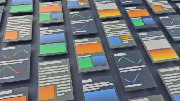 Visualisation abstraite des pages de magazines avec vue schématique des articles. Animation. Concept de médias sociaux et de journalisme. — Video