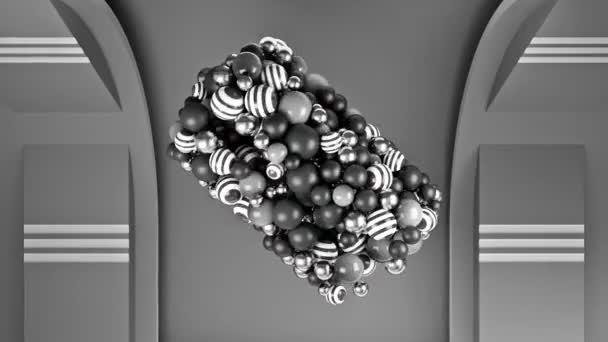在零重力下接近一个抽象的单色旋转3D物体。动画。许多黑白流动的小球聚集在一起. — 图库视频影像