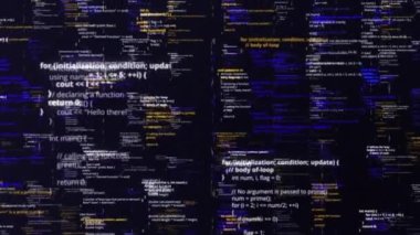 Yazılmakta olan dijital kod ve veri ile ileri teknoloji grafik arayüzü. Animasyon. Siyah arkaplan üzerinde soyut yapay zeka yazma programı kodu, kusursuz döngü.