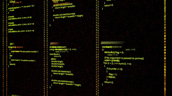 Abstract three columns with coding programs on black background, seamless loop. Animation. Concept of computer language and IT technologies.