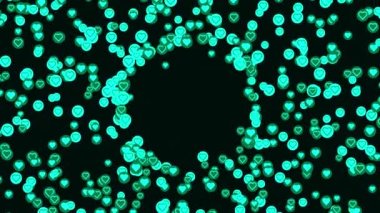 Kara deliğin, ilişki ve romantizm kavramının etrafında siyah arka planda kalan aşk kalpleri. Animasyon. Mavi ve yeşil Sevgililer Günü Sembolleri.