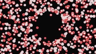 Güzel sosyal medya kalp simgeleri küçük kırmızı ve beyaz daireler, pozitif tepki konsepti. Animasyon. Küçük kalplerle çevrili siyah çember.