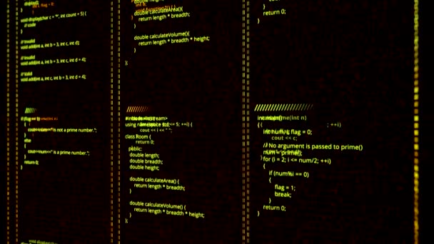 Abstracte drie kolommen met coderingsprogramma 's op zwarte achtergrond, naadloze lus. Animatie. Begrip computertaal en IT-technologieën. — Stockvideo
