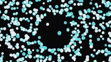 Siyah zemin üzerinde hareket eden açık mavi ve beyaz diyalog sembollü soyut bulut. Animasyon. Küçük simgeler bir ekranın ortasında boş bir yuvarlak boşluk oluşturur.