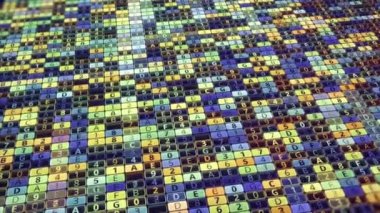 Sembollerin hızlı ve kusursuz döngü değiştirdiği soyut dijital ızgara. Animasyon. Harfleri ve numaraları olan sonsuz sayıda küçük hücre..