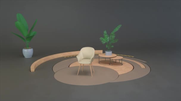 3D-Innenanschauung einer möblierten Wohnung oder Lobby. Animation. Abstraktes Layout mit Wänden, Stuhl, Tisch und Pflanzen. — Stockvideo