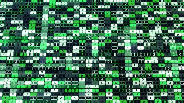 Green background of many numbers and letters. Animation. Computer background with changing values inside matrix system. Encoding security system inside matrix