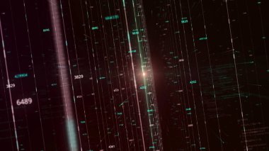 Sayıların ve sütunların sanal gerçekliğiyle dönen dijital uzay, kusursuz döngü. Animasyon. Bilgi teknolojileri ve bilişim kavramı.