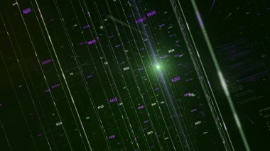 Yeşil sanal tünelde uçuyor, matris etkisi. Animasyon. Dijital koridorda uçup giden soyut, dar ışınlar ve uçsuz bucaksız rakamlar..