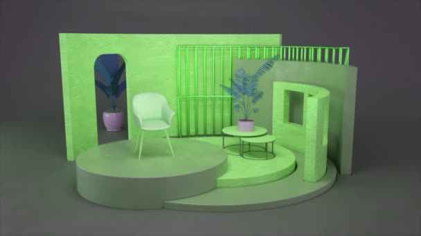 Abstrakt 3D-layout av en grön hall eller lobby interiör med väggar, golv, möbler och växter. Animering. Begreppet grafisk design och arkitektur. — Stockvideo