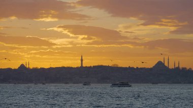 Günbatımı arkaplanlı güzel İstanbul manzarası. Başla. Günbatımının arka planında camilerin siluetleri olan karanlık sahil. İstanbul açıklarında gün batımında gemiler ve martılarla dolu bir deniz.