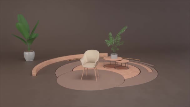 3D εσωτερική απεικόνιση ενός επιπλωμένου σπιτιού διαμέρισμα ή λόμπι. Κινούμενα σχέδια. Αφηρημένη διάταξη με τοίχους, καρέκλα, τραπέζι και φυτά. — Αρχείο Βίντεο