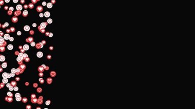 Siyah arka planda soldan sağa uçan küçük kırmızı ve beyaz kalpler. Animasyon. Sosyal medya kavramı ve aşk ifadesi.