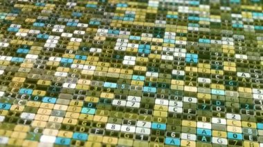 Birçok satır rastgele harfler ve sayılar, kusursuz döngü. Animasyon. Dijital şifreli renkli hücreler, teknolojik arkaplan.