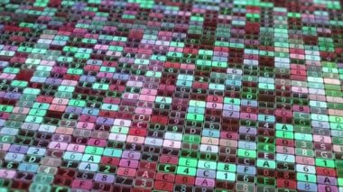 Sembollerin hızlı ve kusursuz döngü değiştirdiği soyut dijital ızgara. Animasyon. Harfleri ve numaraları olan sonsuz sayıda küçük hücre..