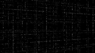 Soyut enerji dürtüleri dümdüz hareket ediyor ve birbirleriyle kesişiyor, kare alan yaratıyor. Animasyon. Siyah arkaplanda akan küçük bölümler, pürüzsüz döngü.