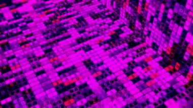 Göz kırpan karakterler ve sayılar ile soyut tarama veri süreci, kusursuz döngü. Animasyon. Bilgisayar sunucuları ağında dijital bilgi akışı.