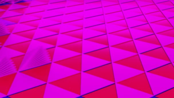 3D abstrakcyjne pole trójkątów w kolorze różowym, czerwonym i niebieskim. Animacja. Powierzchnia z kolorowymi trójkątami rozwijającymi się jak wiele stron książki. — Wideo stockowe