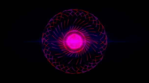 Sphère rose rayonnante et pulsante abstraite consommant de l'énergie isolée sur fond noir, boucle transparente. Animation. Boule de puissance brillante entourée de courants d'énergie. — Video