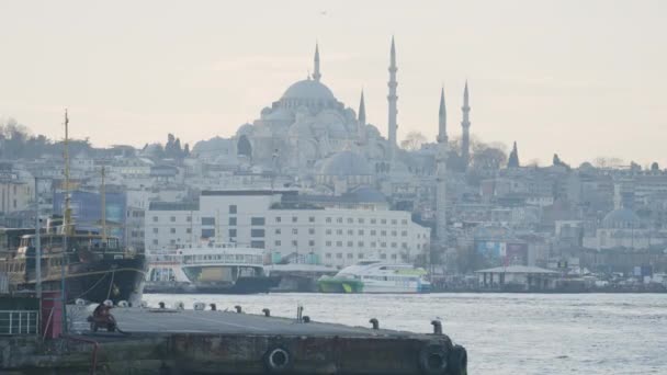 İstanbul 'un güzel kıyılarından geçiyor. Başla. Canlı sahil evleri ve Türk kentinin tarihi mimarisi. İstanbul kıyılarındaki evler, insanlar ve camiler — Stok video