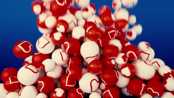 Bolas de ping pong blancas y rojas contrastantes abstractas con corazones cayendo sobre fondo azul. Animación. Montón colorido de esferas. — Vídeos de Stock