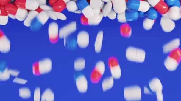 Una amplia variedad de pastillas volando de abajo hacia arriba sobre fondo azul. Animación. Concepto de medicina, salud y farmacología. — Vídeo de stock