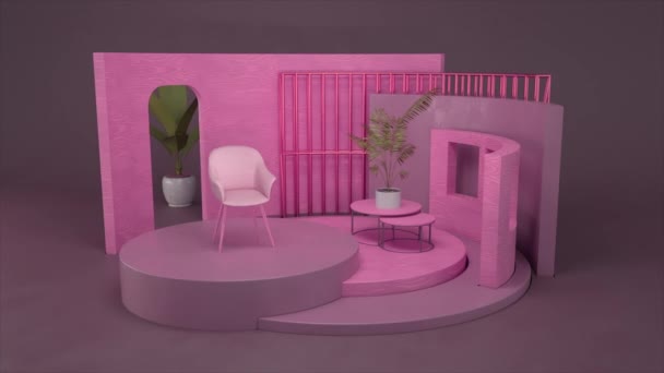 Abstraktes 3D-Modell eines rosafarbenen Wohnzimmers. Animation. Interieur eines Raumes isoliert auf Wandhintergrund, Konzept von Design und Architektur. — Stockvideo