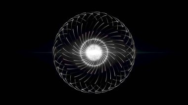 Soyut çekirdek, siyah zemin üzerine enerjiyi yayıyor, kusursuz bir döngü. Animasyon. Parlayan küre etrafında uçan tepkiler.