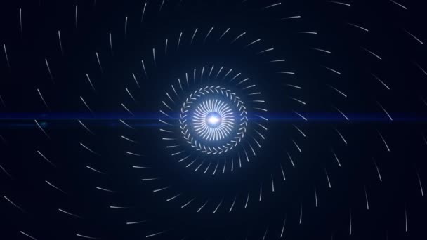 Αφηρημένη φωτεινή γαλάζια σφαίρα που πάλλεται και εξαπλώνει ενεργειακούς παλμούς που πετούν σε κυκλική τροχιά. Κινούμενα σχέδια. Μπλε αστέρι και ενεργειακά σήματα, αδιάλειπτη βρόχο. — Αρχείο Βίντεο