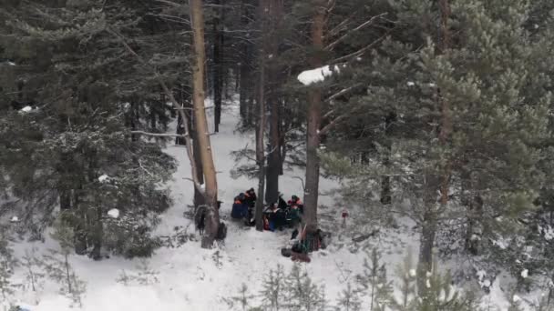 Aerial view of male hunters sitting and having a rest around the fire in a winter forest. Clip. Group of people getting warm on a cold winter day. — Stock Video