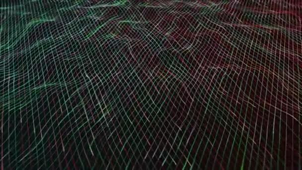 Протікаючі світяться неонові лінії на чорному тлі, концепція волокна та зв'язку. Анімація. Червоні і зелені вузькі хвилі перетинаються . — стокове відео
