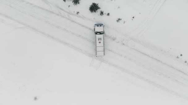 Вид з повітря на вантажівку, припарковану по дорозі, оточений зимовим лісом. Кліп. Вантажівка зупинилася на сніговій покритій дорозі біля зеленого соснового лісу через поломку . — стокове відео